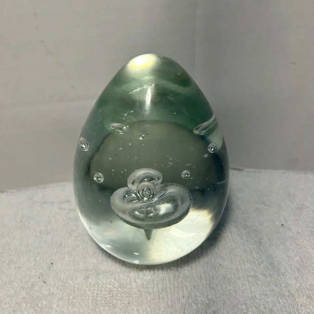 Vintage Hand Blown Glass Egg Paperweight Clear Controlled Bubble Art Glass